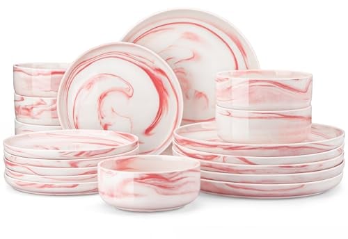 MALACASA Série LUNA Service de Table 18 Pièces en Porcelaine Marbre Rose pour 6 Personnes avec Assiettes Plates, Assiettes à Dessert, Bols à Céréales, Service de Vaisselle Rond