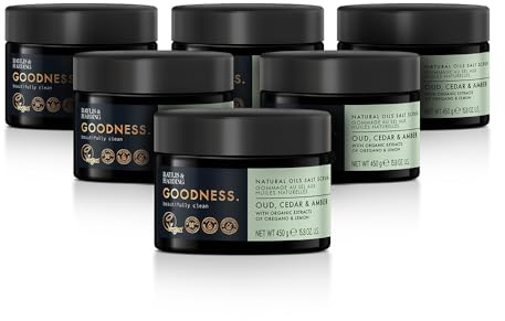 Baylis & Harding Goodness Natural Salt Scrub 450g 6 pack | Oud, Cedar & Amber, 98% Naturally Derived, Dermatologist Approved, Vegan Friendly, Made in UK