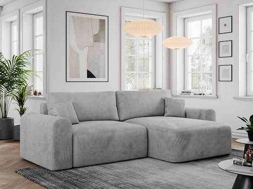 MKS MEBLE Ecksofa Nelson L-Form mit Schlaffunktion & Bettkasten, Schlafcouch 140x225 cm, Wellenfedernfür, Sofa für Wohnzimmer, Couch mit Schlaffunktion - Hellgrau Velvet