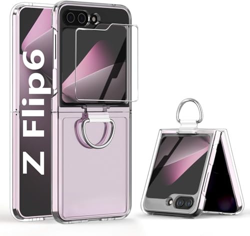 Z Flip 6 Hülle mit Ring,Samsung Galaxy Z Flip 6 Handyhülle mit Gehärtete Glas Front Schutzfolie [Anti-Vergilbung] Transparent Hart PC Stoßfest Schutzhülle für Z Flip6 5G 2024 Ständer Cover Case-Clear
