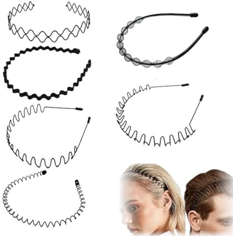 LAKJUOZ 6Pcs Serre Tete Homme Et Femme Élastique Bandeau Cheveux Cerceau Homme Multi-Style Hair Band For Sport Noir Unisexe Headband Cheveux Accessoires Métal Serre Tete Zig Zag