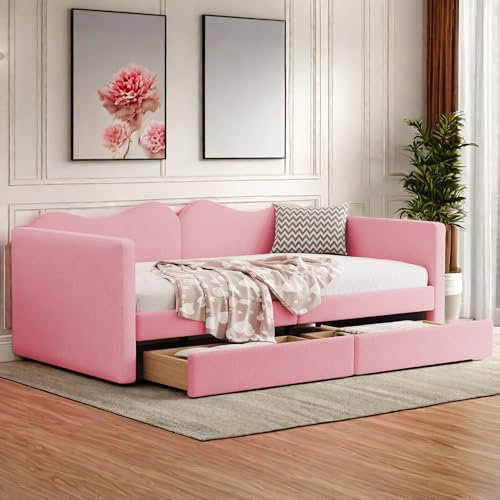 Schlafsofa, 90 x 200 cm, mit Schubladen, 2-Sitzer, ausziehbar, Lattenrost, Rahmen mit Stauraum, multifunktional, für Kinder mit Rückenlehne und Armlehnen, Zusatz, Rosa (ohne Matratze)