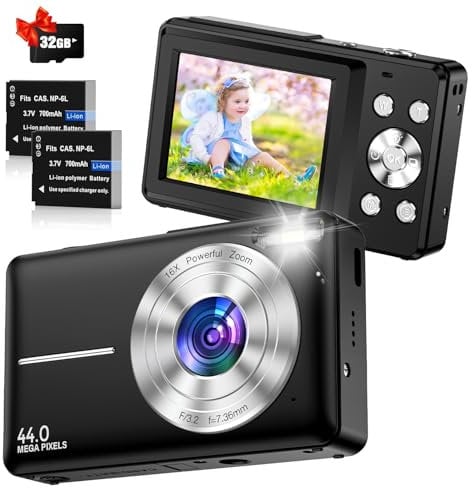 Cámara Digital Cámara De Fotos Digital 1080P HD 44MP Cámara Digital Compacta con Zoom 16X, Cámara Compacta con Tarjeta De 32 GB, 2 Baterías Camara De Fotos para Niño/Adolescente/Principiante Negro