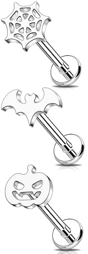 Melighting Fledermaus-Knorpelohrring, 3 Stück, Helix-Ohrringe, Kürbisknorpelohrring, Innengewinde, Helix-Ohrstecker, Halloween, flache Rückseite, Tragus-Piercing-Schmuck, 16G 8mm, Edelstahl