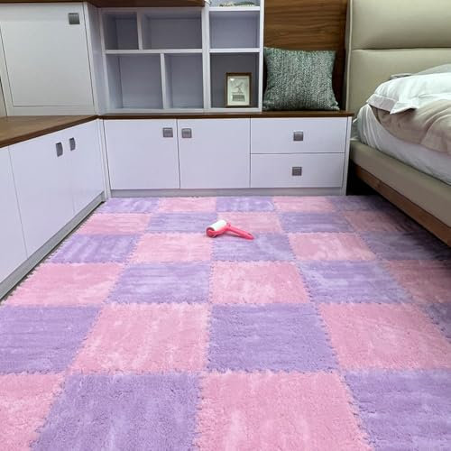 10Pack Square EVA Puzzle Play Mat Interlocking Floor Tiles,Foam Plush Carpet Crawling Mat Floor Protective Mat for Bedroom Sensory Room (Pink Purple,1.0cm Thick)