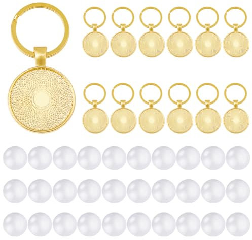 DICOSMETIC 15 Set Cabochon Schlüsselanhänger Rohlinge Lünette Tabletts Doppelseitige Anhänger Tabletts Runde Legierung Fotorahmen Mit Schlüsselring Mit 30 Stück Glas Cabochon Für Schmuckherstellung