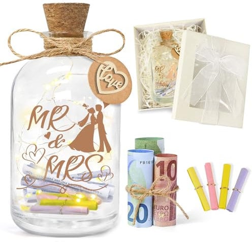 Ulikey LED Flaschenlicht Hochzeit, Hochzeitskasse Spardose Personalisiert mit Muster und Text, Hochzeitsgeschenke Geld Leuchtflasche für Brautpaar, Geldgeschenke Hochzeit Verpackungen (Mr & Mrs)