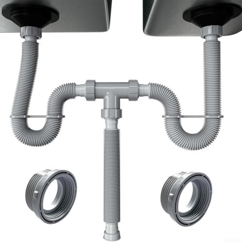 Kit de vidange double pour évier réglable, tuyau d'évacuation flexible, avec siphon en P et joints en silicone pour un ajustement sûr dans n'importe quel espace