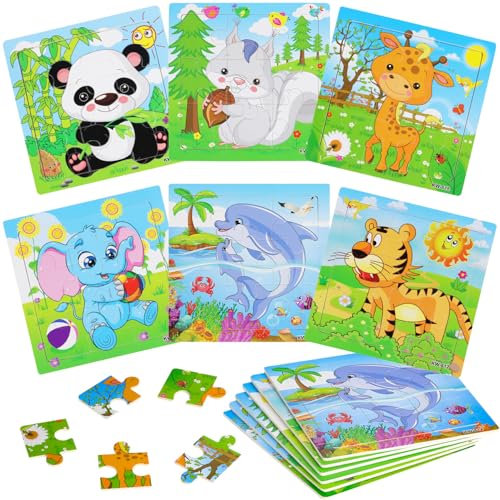 FYSL 6er-Pack Holzpuzzles für Kinder, Set Kinderpuzzle ab 3, Tiere Puzzle, 9 Teile Kinder Bunte Puzzle, Vorschule Lehrreiches Spielzeug Montessori, Kinderspielzeug Puzzle ab 3 4 5 Jahre