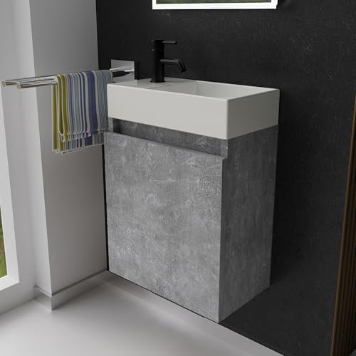 Alpenberger Gäste WC Waschbecken mit Unterschrank 45 cm | Badezimmerschrank Schmal | Badmöbel Set Waschplätze für Kleine Bäder | Waschbeckenunterschrank (Cement, Waschbecken - Rechte Seite)