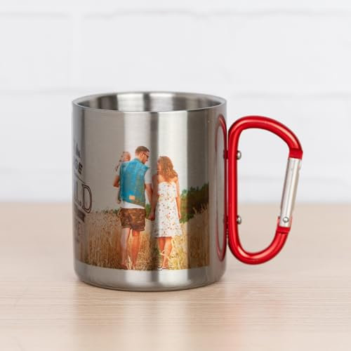 Wanapix | Tazza in Acciaio Stampata con Moschettone | Capacità 30 cl | Personalizzata con Stampa a Colori | Tazza per Campeggio e Montagna | Stampata con qualsiasi Testo o Immagine