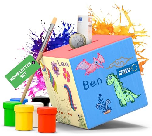 Eli® Spardose Kinder personalisiert – Holzspardose zum Bemalen mit Namen – Inkl. 6 Farben & Pinsel - Sparschwein aus Holz - Geschenkidee für Mädchen - Junge zum sparen