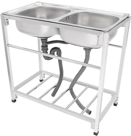 Spüle mit Unterschrank 2 Becken 83x44x77cm Edelstahl Waschtisch Outdoor 75kg Tragfähigkeit Spültisch Freistehende Spüle Samping Spüle Camping Waschbecken Spülbecken 3cm Einstellbare Höhe