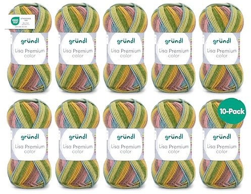 Gründl Lisa Premium Color, 10 x 50 g, Grasgrün-Senf | Garn zum Stricken mit Farbverlauf - Häkelgarn - Weich und hautfreundlich - 100 % Polyacryl 50 g / 133 m -Nadelstärke 3,5-4,5