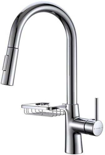 KeeGone Kitchen Tap, Kitchen Mixer tap with Pull-Out Spray, Pull Down Kitchen Sink Mixer Taps Faucet High Arc 360° swivelling Two Modes with Storage Rack Silver