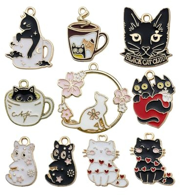 FUGLUS 10PCS Emaille Charme Anhänger, Mixed Charms, Katze Sortierte Basteln Anhänger Set, handgemachte Schmuck Herstellen Ohrringe Armbänder Halsketten Schlüsselzubehör DIY Anhänger
