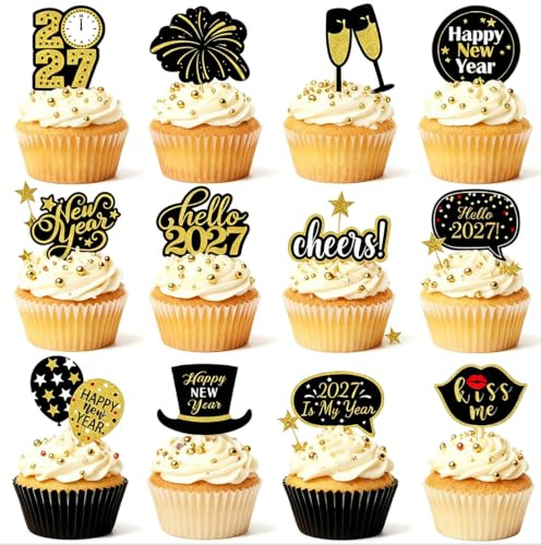 BHSTTNIXP 24 Stück Silvester-Dekorationen 2026 Cupcake-Aufsätze, Schwarz-Gold, Kuchendekoration für Happy New Year 2026, Partyzubehör, Foto-Requisiten