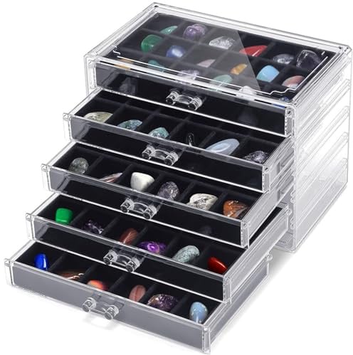 GAESHOW 90 Fächer Rock Vitrine, Rock Sammelbox mit 5 Schubladen, Edelstein-Vitrine Sammelbox, Transparente Aufbewahrungsbox für Schmuck, Kristall, Edelsteine, Steine, 23.5x13.5x17cm, Schwarz