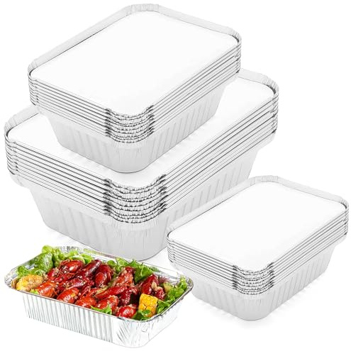 30 Pack Aluminium Foil Trays with Lids, 1800ml/650ml/430ml Large Tin Foil containers, Heavy Duty Deep Baking Pans for Cooking, Meal Prep, BBQ, Parties & Food Storage – Durable Foil Containers