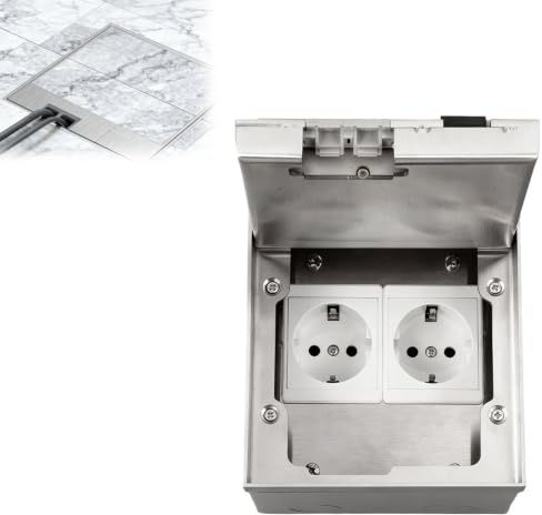 16A 4000W Edelstahl Einbausteckdose mit 2 EU Standard Steckdosen | Bodensteckdose IP44 Klappdeckel Wasserdichte Versenkbare Bodensteckdose für Büro, Zuhause Bodentank Bodeneinbaudose