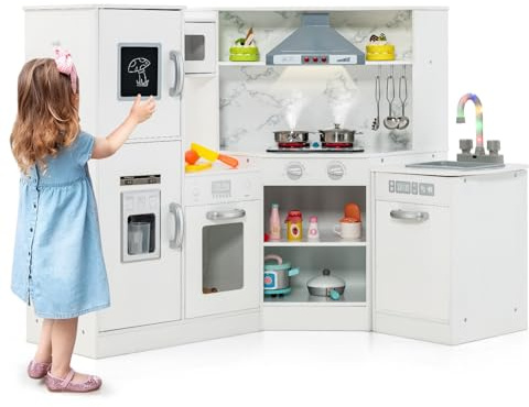 HOMASIS Cuisine d'angle pour Enfants en Bois, Cuisine Jouet avec lumière, Son et Vapeur, 16 Accessoires Inclus, Cuisine Jouet avec évier, cuisinière, Four, Micro-Ondes, Machine à glaçons (Blanc)