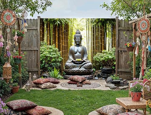 Peaceful Buddha Bambus-Garten-Wandbild, Wandteppich und Vorhang, wasserdicht, für den Außenbereich, Zen-Meditation, Wandkunst und ruhiger Zaun-Dekor, B 24,5 x H 180 cm