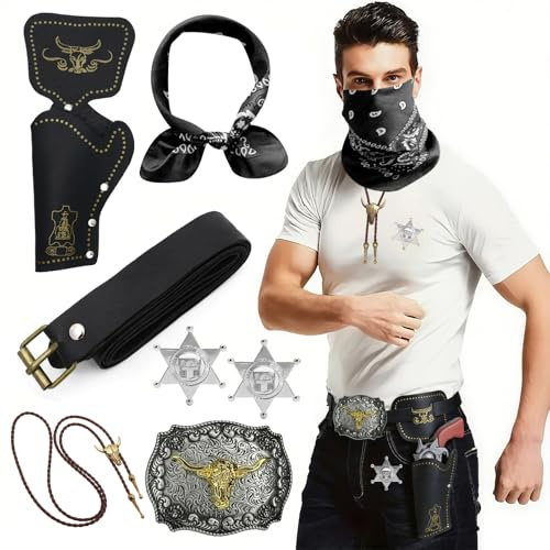 HTTDSLF 7 Stück Cowboy Fancy Dress Zubehör Set, Western Cowboy Outfit Kit - Bandana|Holster|Gürtel|Boloschnalle|Krawatte Halskette|Sheriff Abzeichen, für Karneval Fancing Cosplay Party