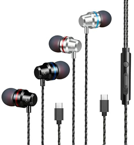 Auriculares in-ear con cable, 2 unidades con micrófono y control de volumen, auriculares con conector estéreo tipo C para iPhone, Samsung, Huawei, XiaoMI, ordenadores portátiles