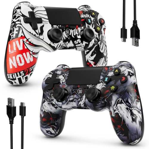 ISHAKO Controller for PS4/Pro/Slim/PC, 2 Pack(Wolf Tooth White&Skull White) | Wireless Controller with Double Vibration, 6-Axis Motion Control, 800mAh Battery, 3.5mm Headphone Jack