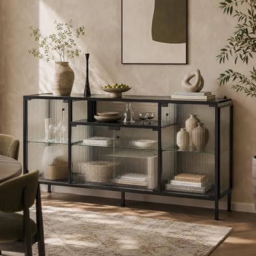 PREMTURE Vitrine Sideboard 150×40×80 cm, Glas Schrank mit Metallrahmen | Riffelglas-Design – Viel Stauraum – Verstellbare Glasböden – Stabiler Metallrahmen – Elegantes Sideboard