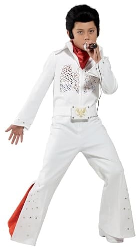 Smiffys Elvis Costume in White for Kids, Jumpsuit and Scarf, Officially Licensed, All-in-One White Jumpsuit with Sequin Detail and Flared Trouser Red Insert, Perfect for Fancy Dress