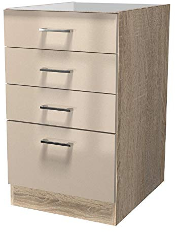 Smart Möbel Schubkastenschrank 50 cm Kaschmir Glanz – Küchenunterschrank ohne Arbeitsplatte – 3 Schubkästen & 1 Auszug – Sonoma Eiche Korpus – Unterschrank Küche – Neapel