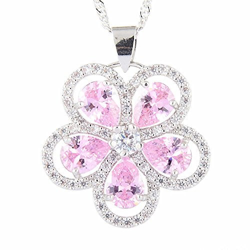 RIZILIA Fleur Pendentif avec 18 Chaîne & Coupe de Poire CZ [Saphir Rose simulé] en Or Blanc plaqué,Simple Moderne élégant