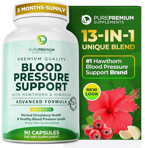 PurePremium Blood Pressure Supplements with Hawthorn Berry, Hibiscus, Garlic & Vitamin B12- Nitric Oxide Supplement for Normal Heart Health, Circulation Health & Blood Pressure Support - 90ct