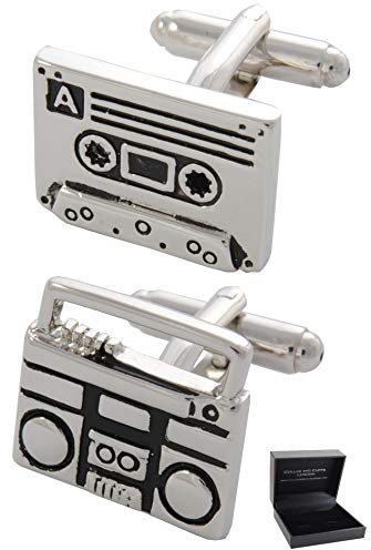 COLLAR AND CUFFS LONDON Manschettenknöpfe Herren Musik - Mit Box - Retro Kassette und Kassettenspieler - Langlebiges Messing - Radio DJ Recorder - Silber und Schwarz Farben - EIN Paar