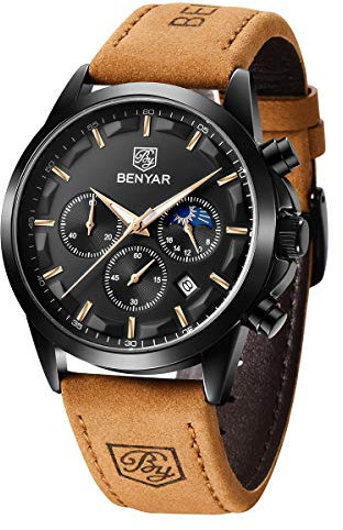 BENYAR Herren Uhr Chronograph Analogue Quartz Uhr Männer Schwarz Zifferblatt Business Military Sport Armbanduhr mit Leder Armband 30m Wasserdicht Elegant Geschenk für männer