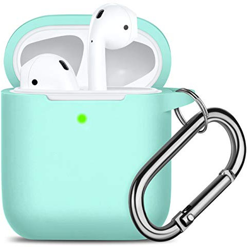 Oielai for Airpod Case Cover, [Front LED Visible ] Waterproof Protective Cases Cute Silicone Case Skin with Keychain Compatible with Apple Airpods 2 & 1, Mint Green