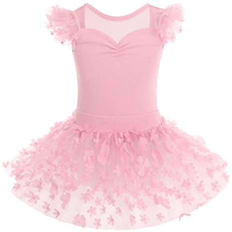 IMEKIS Mädchen Kinder Ballett Kleid Baumwolle Gymnastik Trikot Tutu Rock Fliegenärmel Rückenfrei Blume Bodysuit Tanz Kostüm Prinzessin Fee Ballerina Dancewear Rosa 7-8 Jahre
