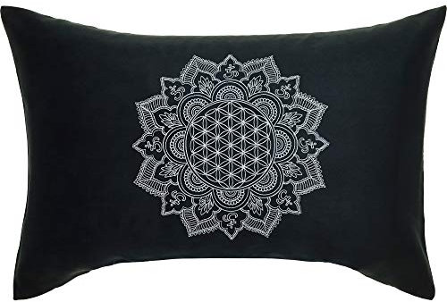 EXPRESS-STICKEREI Yoga Kissen Blume des Lebens Mandala Kissen mit Füllung 40x60cm | Buddhismus Dekoration Energie & Harmonie Sofakissen Wohnzimmer Dekokissen Bohemian Accessoire Zierkissen | schwarz