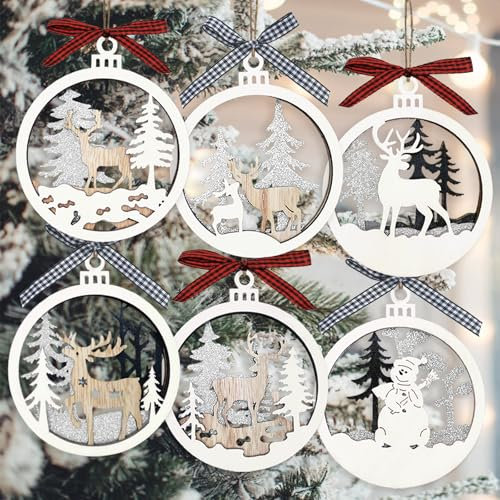 6 PCS Natural Wooden Hanging Pendant Snowman Elk Christmas Tree Decorations DIY Craft Decor With Hanging Rope for Party Favor