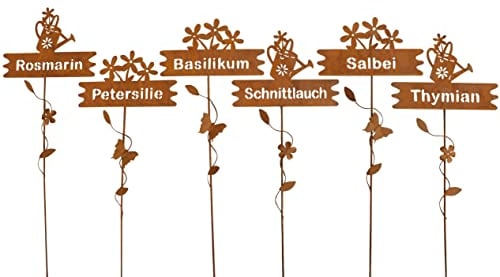 Kräuterstecker 6er Set Metall mit Gießkanne und Blume Detailverliebt Pflanzstecker Edelrost Pflanzschilder Beetstecker 6 Stück