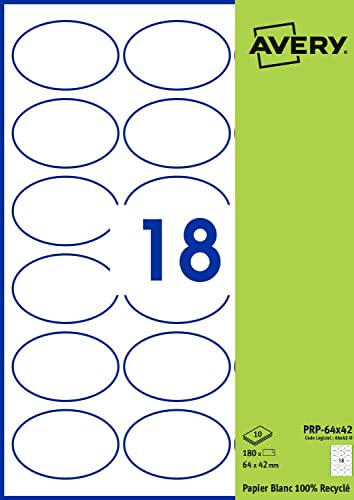 Avery - Packung mit 180 ovalen Etiketten, weißes Recyclingpapier, Format 64 x 42 mm, personalisierbar und bedruckbar mit Laser, Tintenstrahl und Kopierer (PRP-64 x 42. Fr)