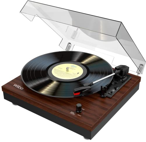 Wiibo Mustang 1965-BT Nogal - Tocadiscos de Vinilo con Altavoces y Bluetooth - Giradiscos de Diseño Retro - Salidas RCA para Altavoces - Selección de Velocidades 33/45/78 RPM - Cápsula de Cerámica