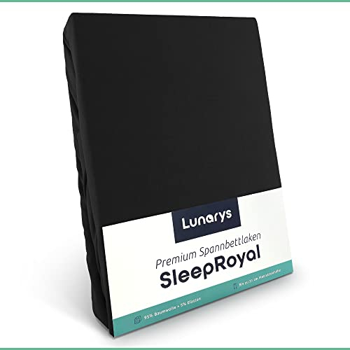 Lunarys® SleepRoyal Luxus Spannbettlaken 140x200cm - Schwarz - 250 g/m² Premium Bettlaken - 40 cm Steghöhe - für hohe Matratzen, Boxspringbett & Matratze + Topper & Wasserbett - Stretch Jersey
