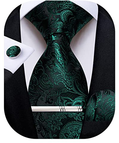 DiBanGu Cravate en soie tissée pour homme avec boutons de manchette carrés et pince à cravate pour mariage et affaires, vert foncé, taille unique