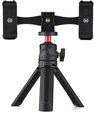 Andoer Multifunctional Smartphone Video Kit Including Universal Phone Tripod Mount with Dual Phone Holders 4 Cold Shoe Mounts + Desktop Tripod for Vlog Live Streaming Oline Video Teaching Meeting