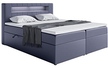 MEBLINI Boxspringbett mit Bettkasten - Bett mit LED Kopfteil - Gepolstert Doppelbett mit Matratze und Topper - Polsterbett mit Stauraum - Stauraumbett - ASPIN - 140x200 - H4/Dunkelgrau Kunstleder