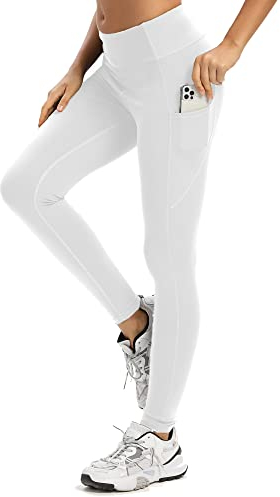 adorence Weiße Leggings Damen Blickdicht, Sport Leggings Damen mit Tasche, Yogahose High Waist, Sport Leggins Blickdicht Weiß-S