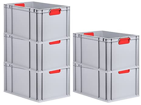 PROREGAL SuperSparSet 5x Eurobox NextGen Color | HxBxT 32x40x60cm | 65 Liter | Griffe rot geschlossen | Verstärkter Boden | Eurobehälter, Transportbox, Transportbehälter, Stapelbehälter