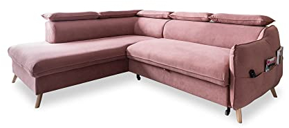 MIUFORM Ecksofa L-Form mit Bettfunktion Kopfstütze | Sweet Harmony Ecksofa L-Form Wohnschlandschaft Schlafcouch | Easy Clean Stoff Samt (Altrosa, Links ausgerichtet)